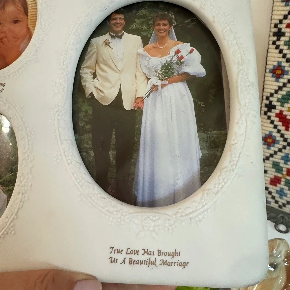 Vtg White Ceramic Wedding Collage Picture Frame Floral Bridal Shower Cottagecore